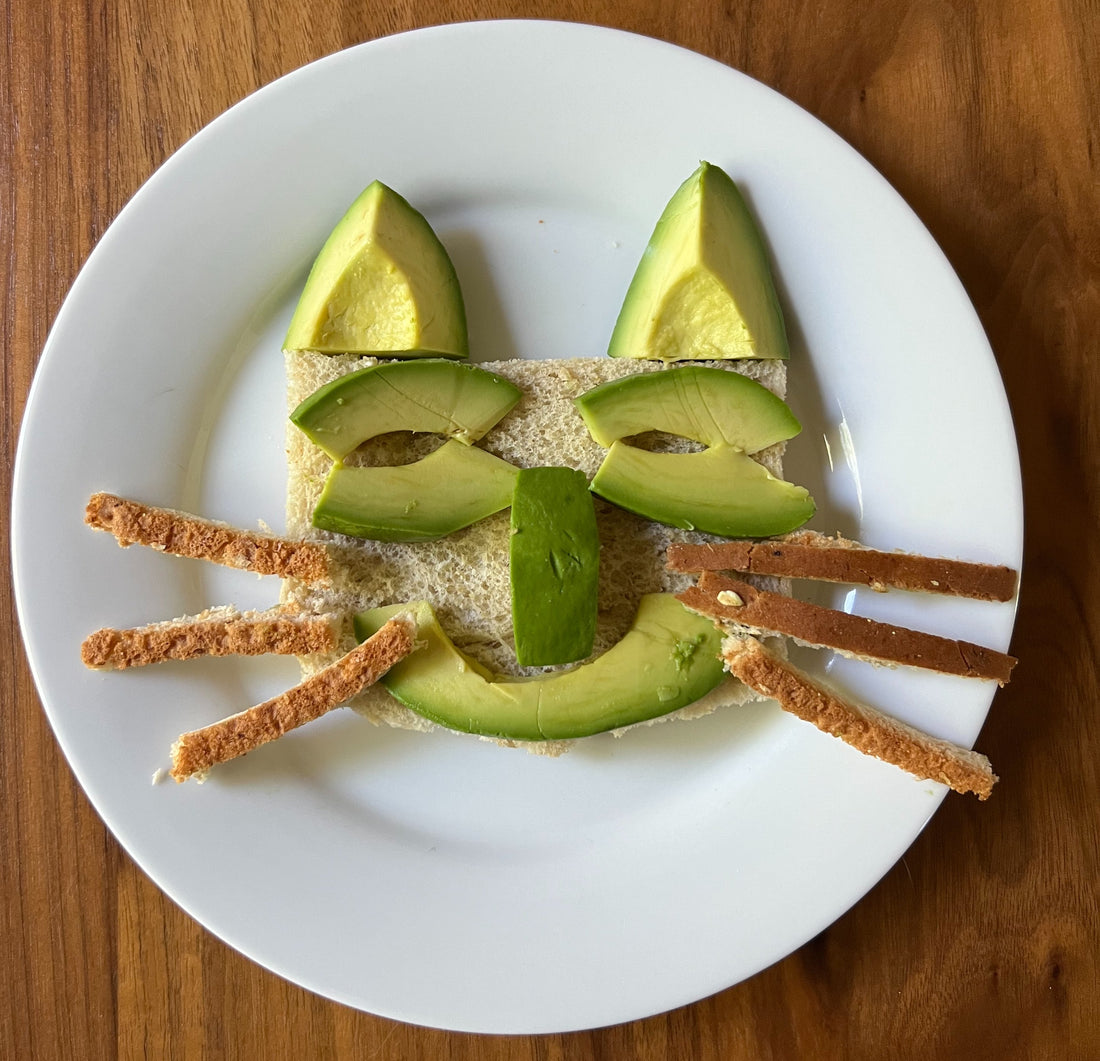 Creative toddler meals. Toast with avocado slices arranged in the face of a cat.